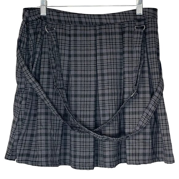 Hot Topic Black & Grey Plaid Pleats Removeable Suspender Skirt Juniors Large - Picture 1 of 6
